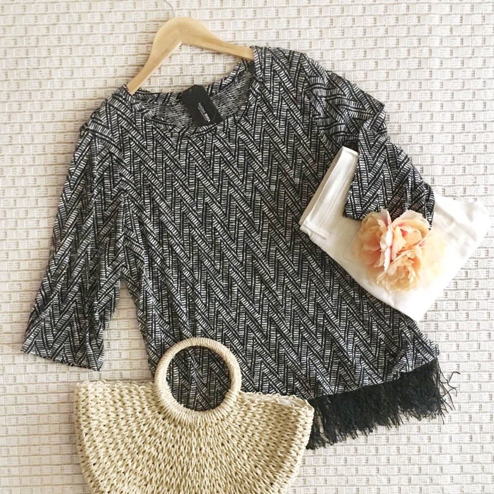 Black Chevron Printed Fringe Top